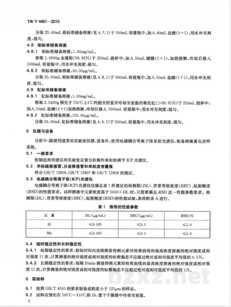 YB/T 4461-2015高纯硅铁 锆和钼含量的测定 电感耦合等离子体原子发射光谱法 