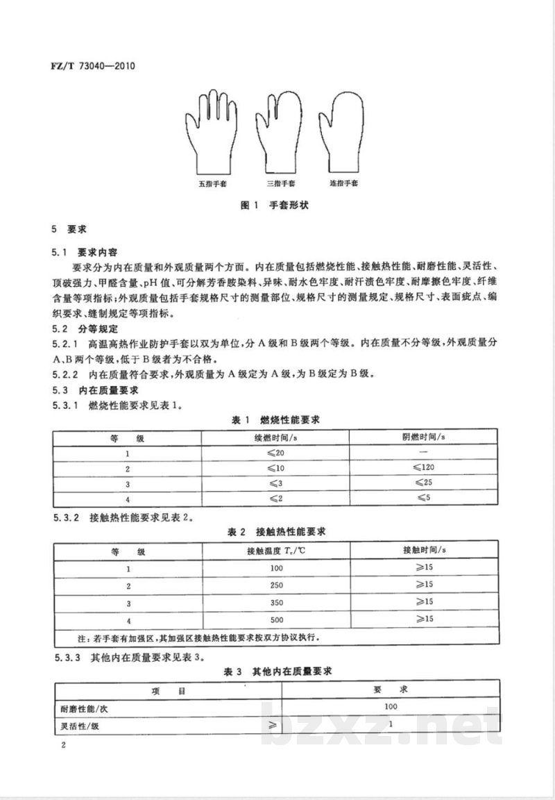 FZ/T 73040-2010高温高热作业防护手套 