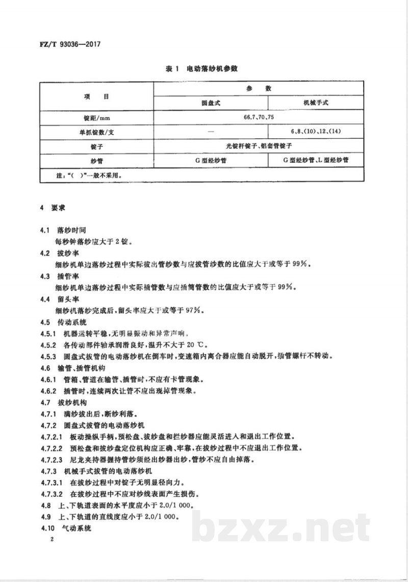 FZ/T 93036-2017电动落纱机 