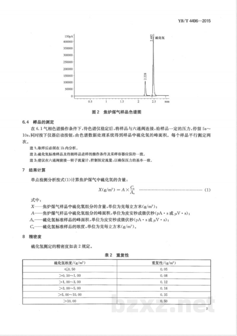 YB/T 4496-2015焦炉煤气 硫化氢含量的测定 气相色谱法 