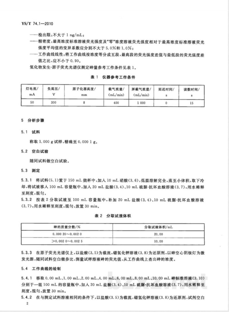 YS/T 74.1-2010镉化学分析方法 第1部分:砷量的测定 氢化物发生-原子荧光光谱法 