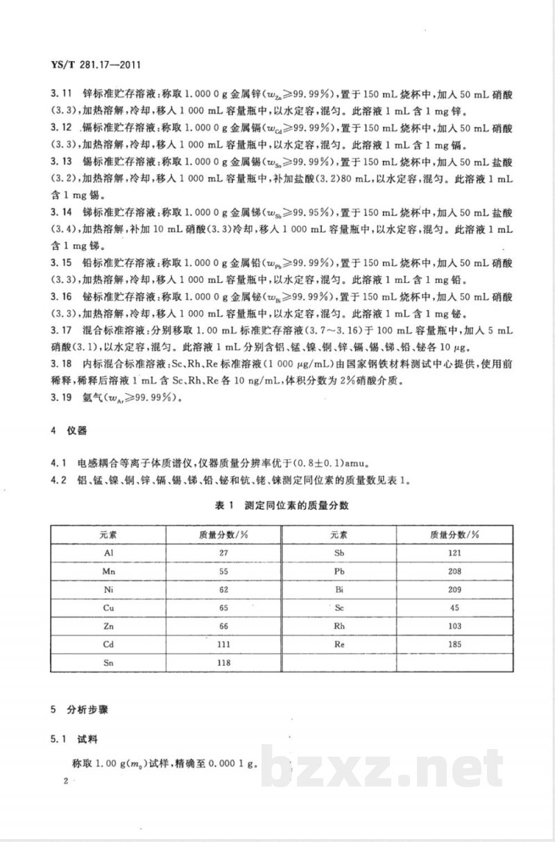 YS/T 281.17-2011钴化学分析方法 第17部分：铝、锰、镍、铜、锌、镉、锡、锑、铅、铋量的测定 电感耦合等离子体质谱法 