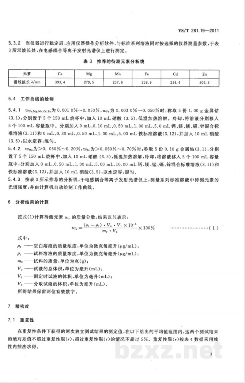 YS/T 281.19-2011钴化学分析方法 第19部分：钙、镁、锰、铁、镉、锌量的测定 电感耦合等离子体发射光谱法 