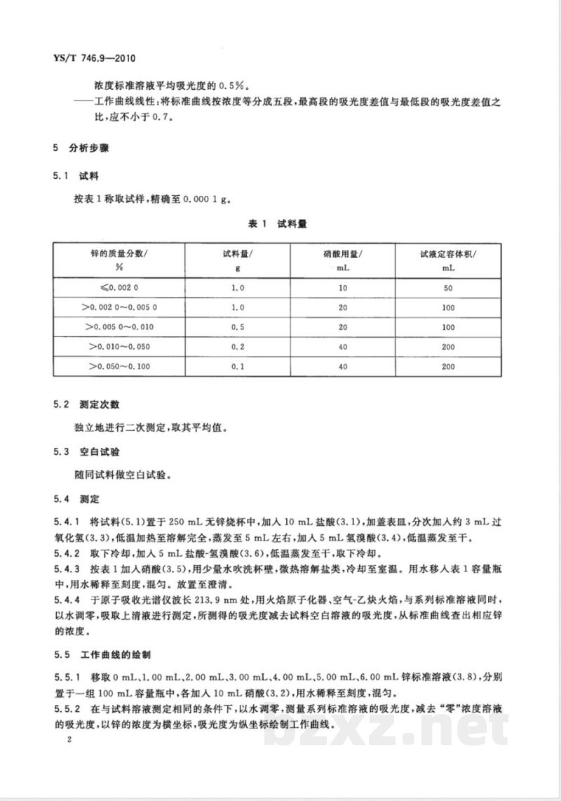YS/T 746.9-2010无铅锡基焊料化学分析方法 第9部分:锌含量的测定 火焰原子吸收光谱法和Na2EDTA滴定法 