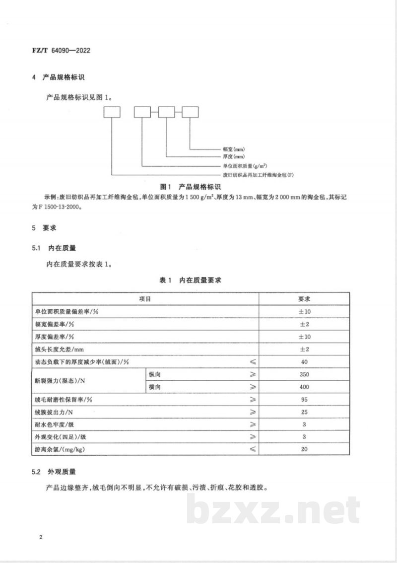 FZ/T 64090-2022废旧纺织品再加工纤维淘金毡 