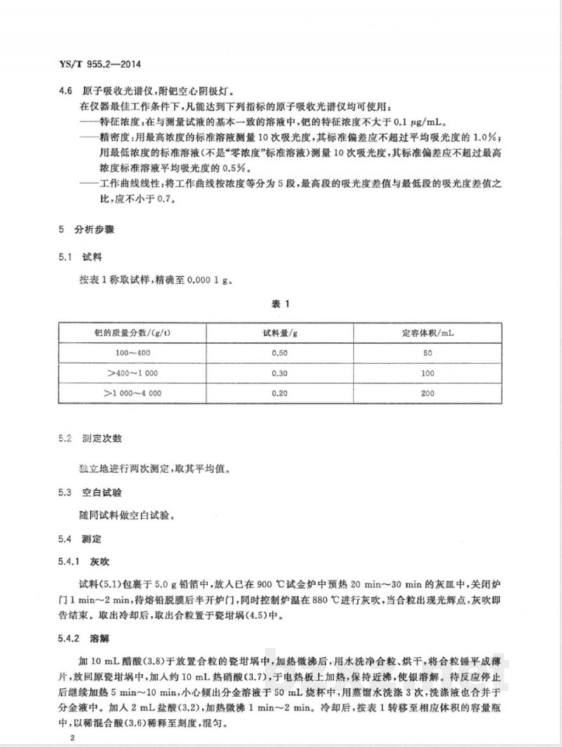 YS/T 955.2-2014粗银化学分析方法 第2部分：钯量的测定 火焰原子吸收光谱法 