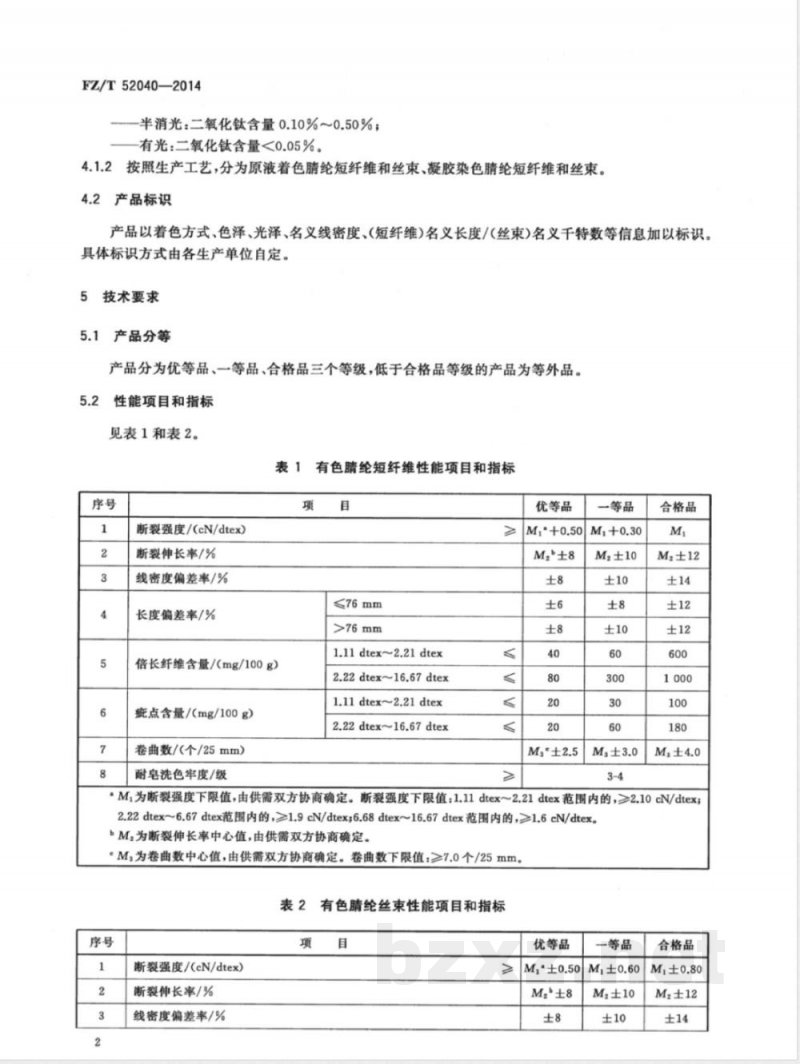 FZ/T 52040-2014有色腈纶短纤维和丝束 