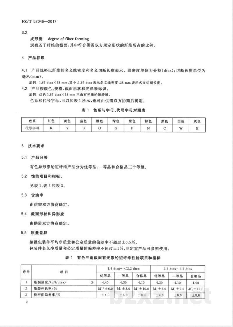 FZ/T 52046-2017有色异形涤纶短纤维 