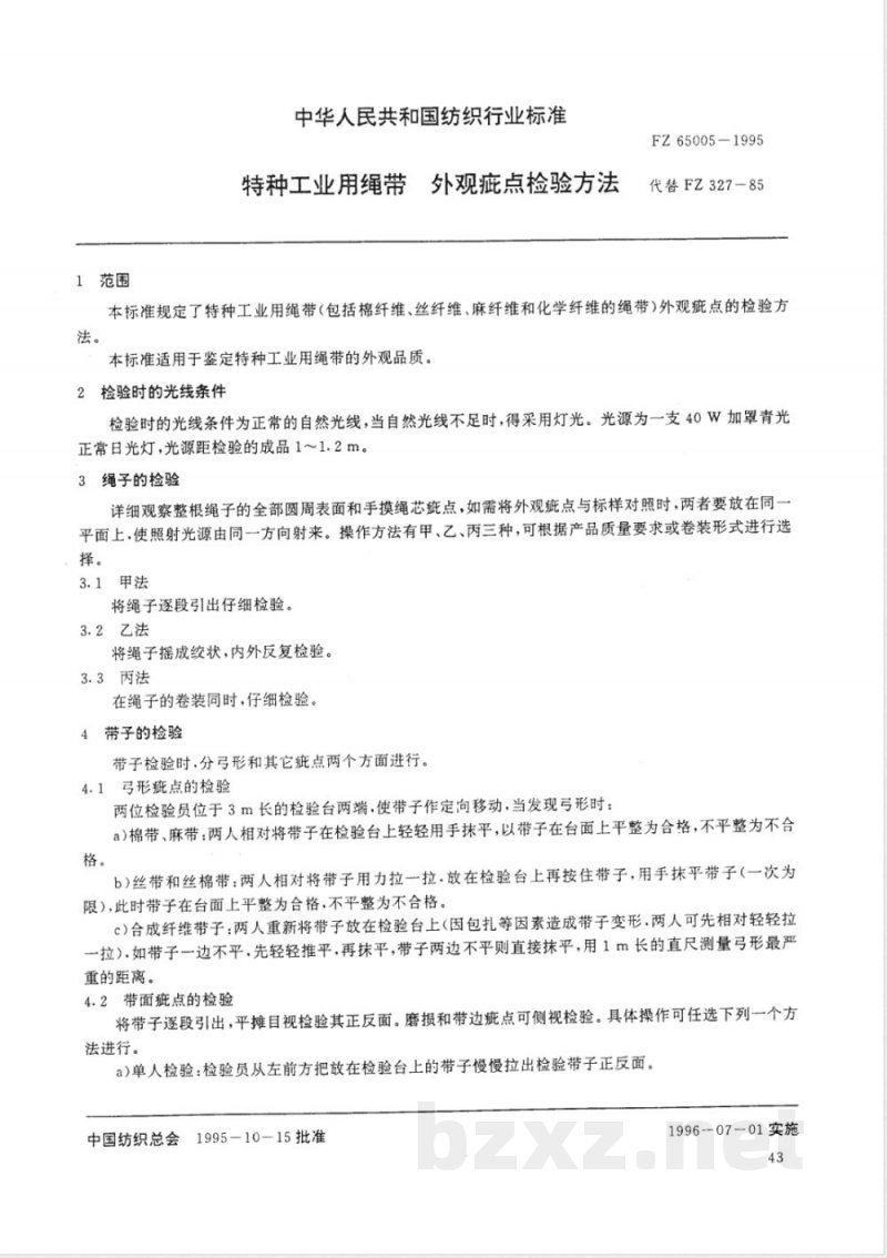 FZ/T 65005-1995特种工业用绳带 外观疵点检验方法 