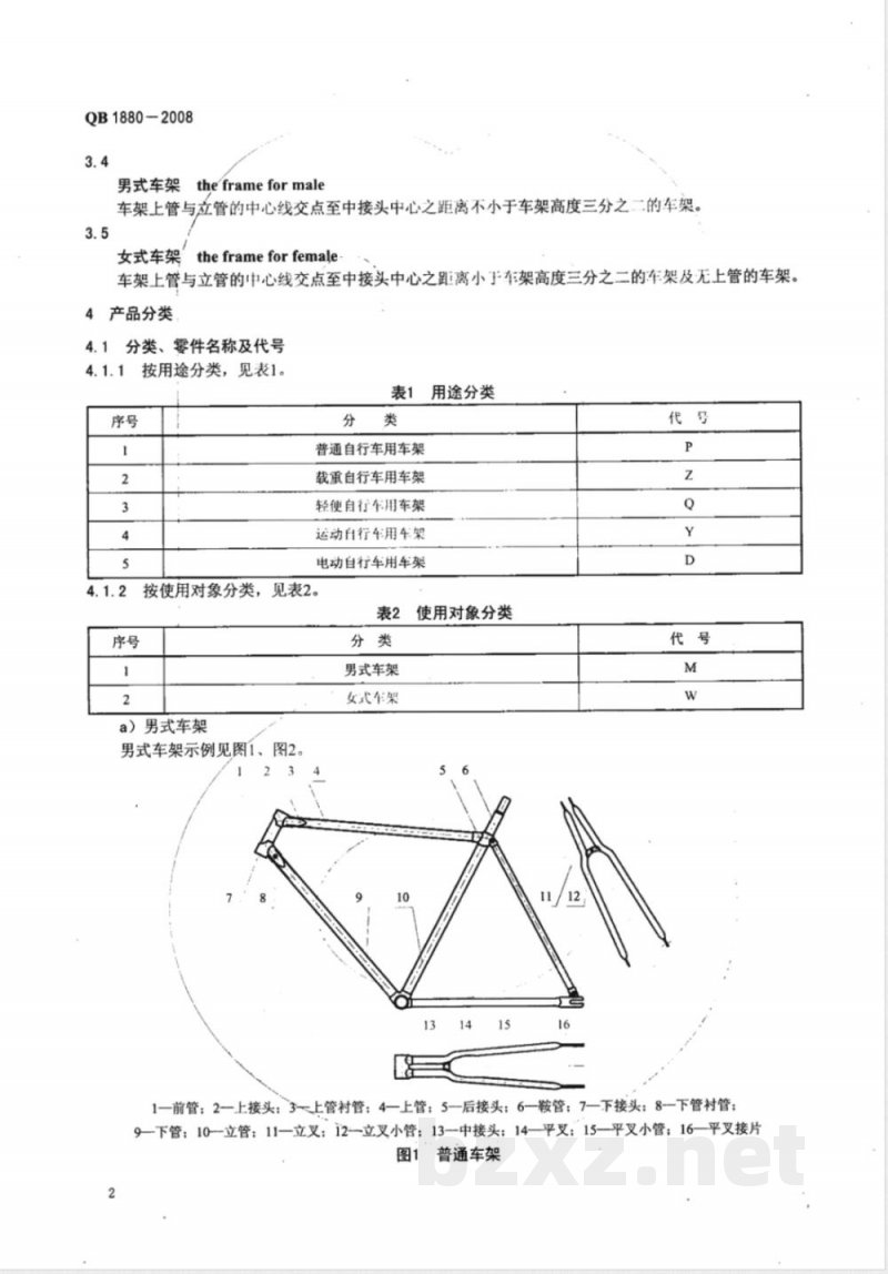 QB/T 1880-2008自行车 车架 