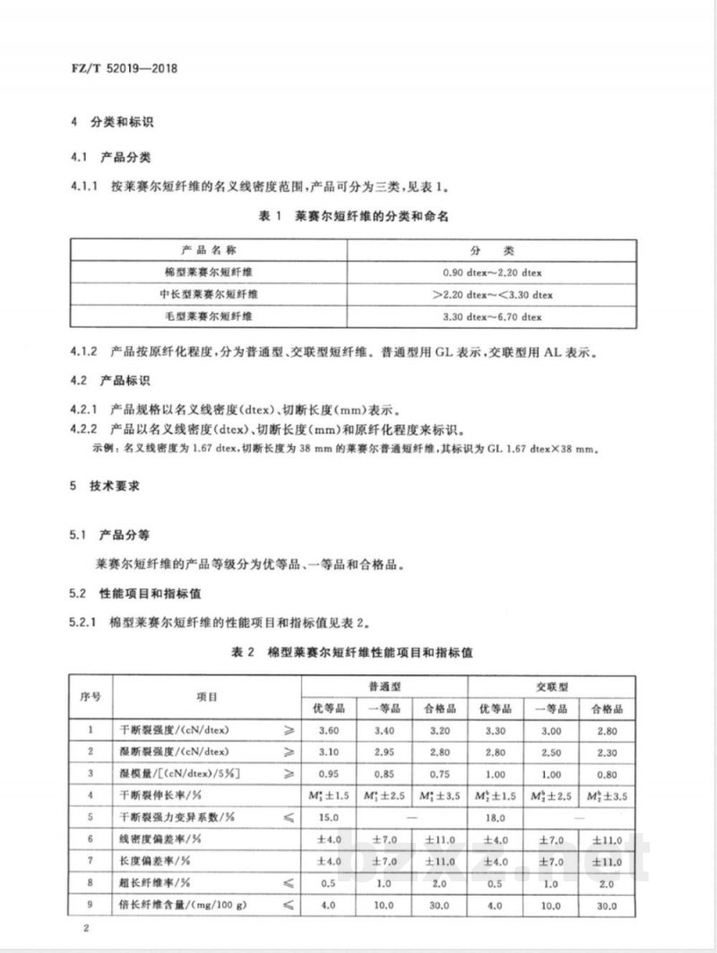 FZ/T 52019-2018莱赛尔短纤维 