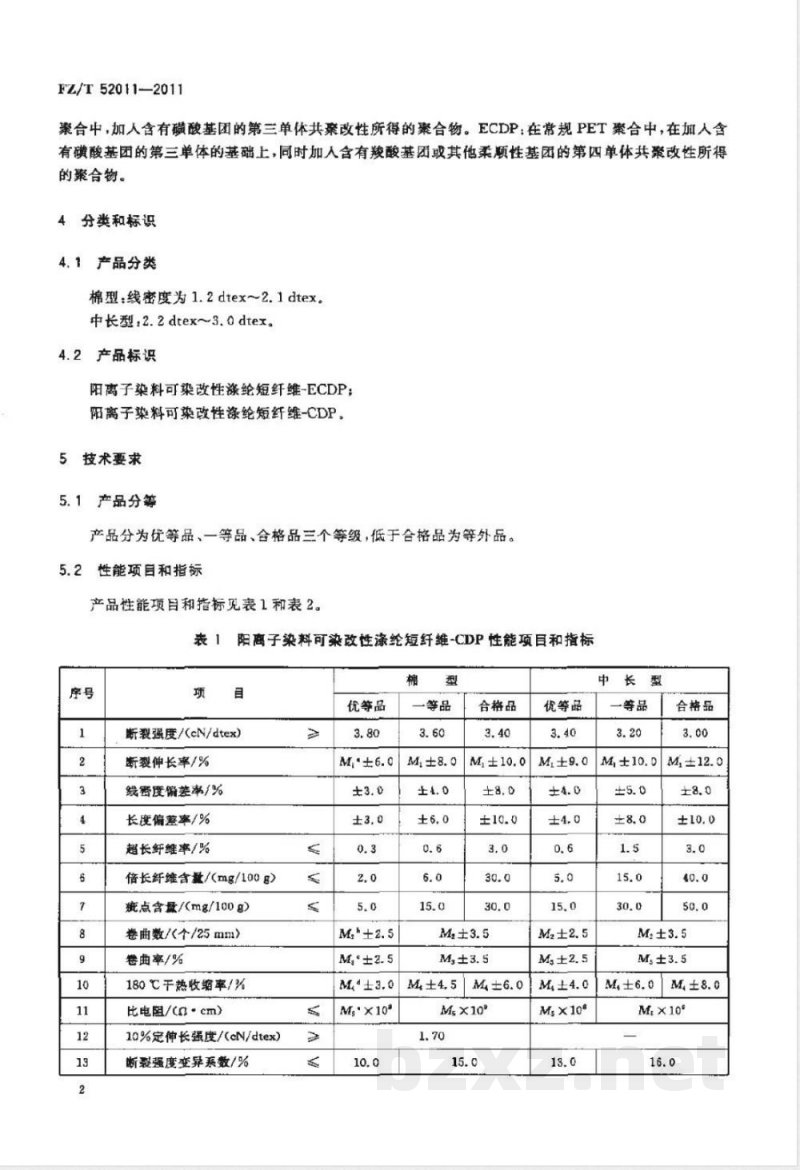 FZ/T 52011-2011阳离子染料可染改性涤纶短纤维 