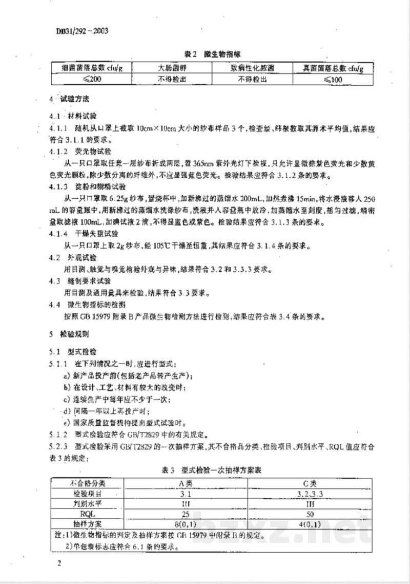 DB31/292-2003防护用纱布口罩