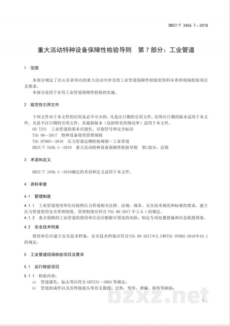 DB37/T 3456.7-2018重大活动特种设备保障性检验导则 第7部分：工业管道