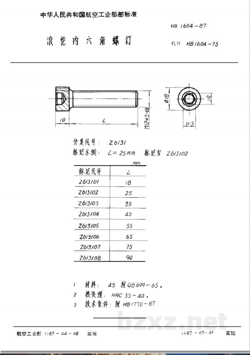 HB 1604-1987 滚花内六角螺钉