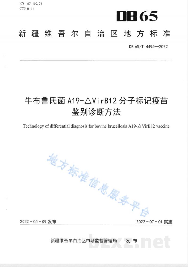 DB65/T 4495-2022牛布鲁氏菌A19-△VirB12分子标记疫苗鉴别诊断方法