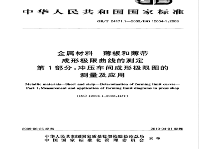 GB/T 24171.1-2009  金属材料 薄板和薄带 成形极限曲线的测定 第1部分：冲压车间成形极限图的测量及应用