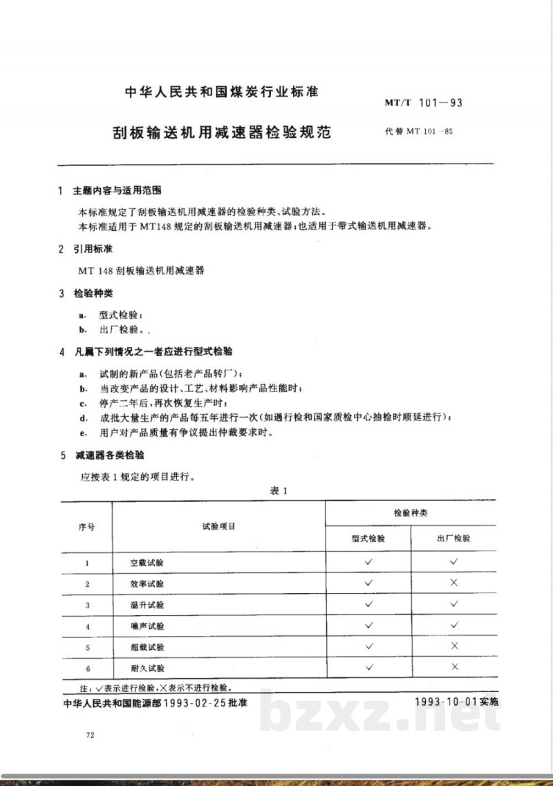 MT/T 101-1993 刮板输送机用减速器检验规范