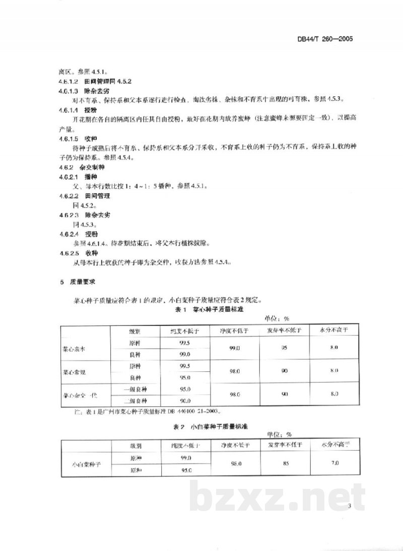 DB44/T 260-2005叶菜类蔬菜(菜心、小白菜)良种繁育技术操作规程