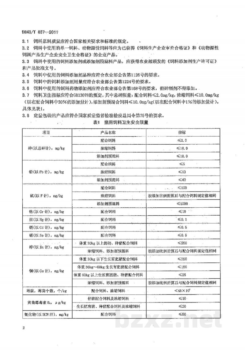 DB43/T 637-2011猪用饲料安全质量要求