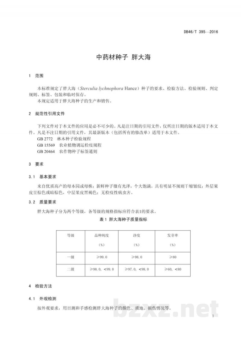 DB46/T 395-2016中药材种子 胖大海