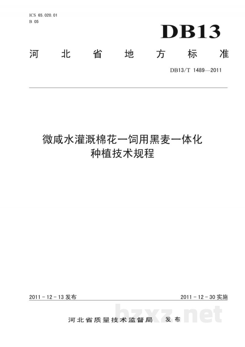 DB13/T 1489-2011微咸水灌溉棉花-饲用黑麦草一体化种植技术规程