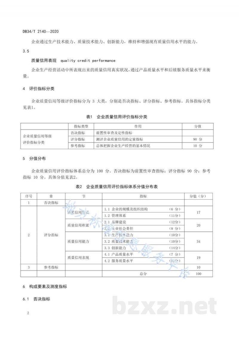 DB34/T 2140-2020企业质量信用等级评价 指标体系