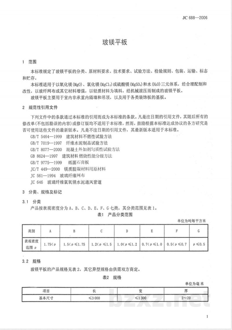 JC 688-2006 玻镁平板