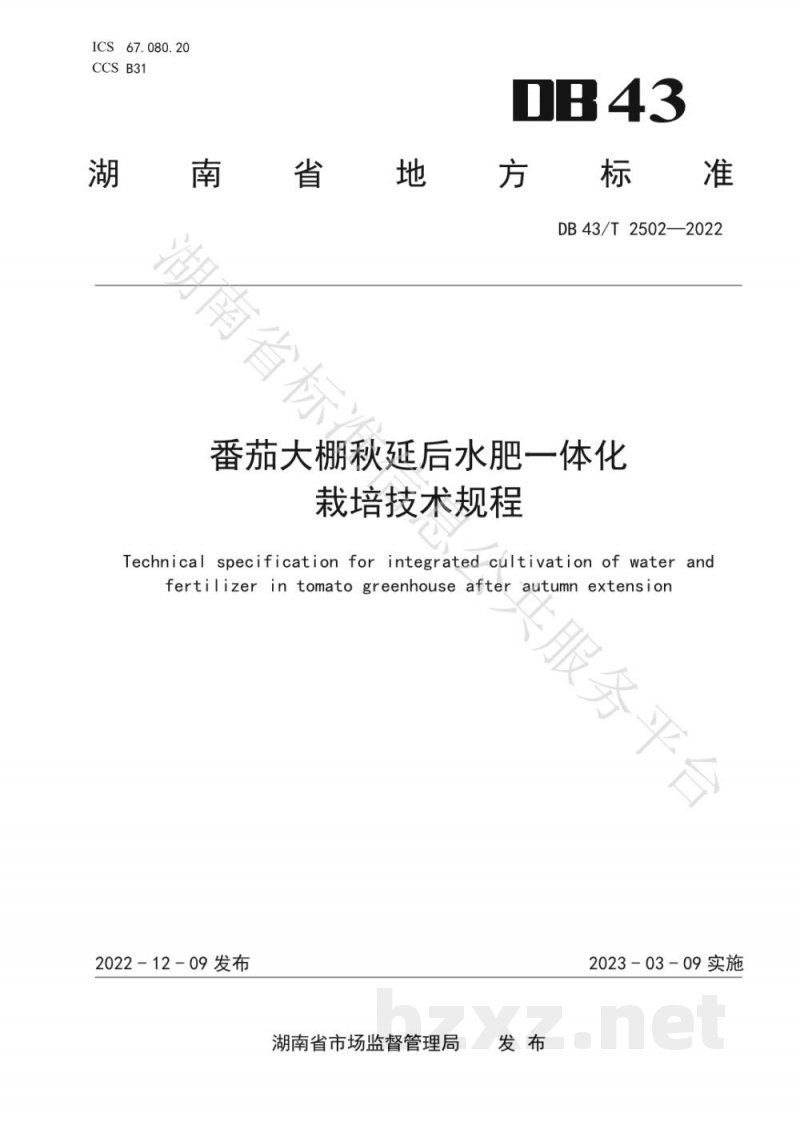 DB43/T 2502-2022番茄大棚秋延后水肥一体化栽培技术规程