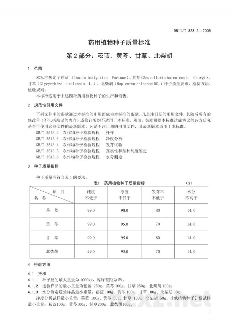 DB11/T 323.2-2005药用植物种子质量标准 第2部分：菘蓝、黄芩、甘草、北柴胡
