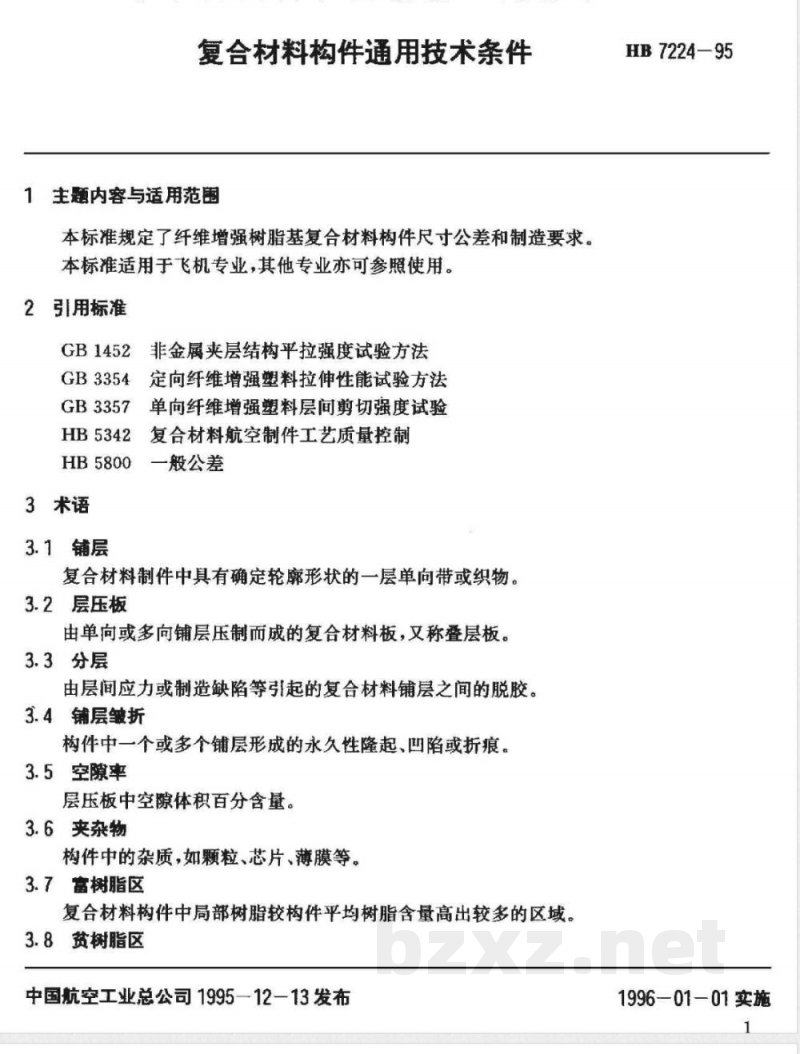 HB 7224-1995 复合材料构件通用技术条件