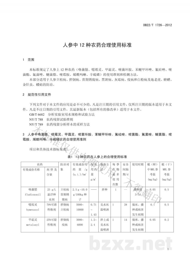 DB22/T 1726-2012人参中12种农药合理使用标准