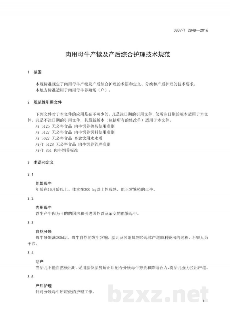 DB37/T 2848-2016肉用母牛产犊及产后综合护理技术规范