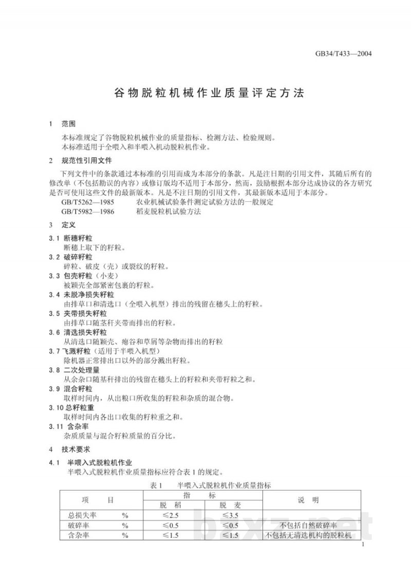 DB34/T 433-2004谷物脱粒机械作业质量评定方法