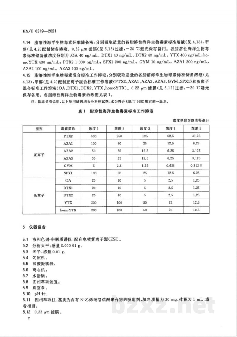 HY/T 0319-2021贝类 脂溶性海洋生物毒素的检测 液相色谱—串联质谱法 
