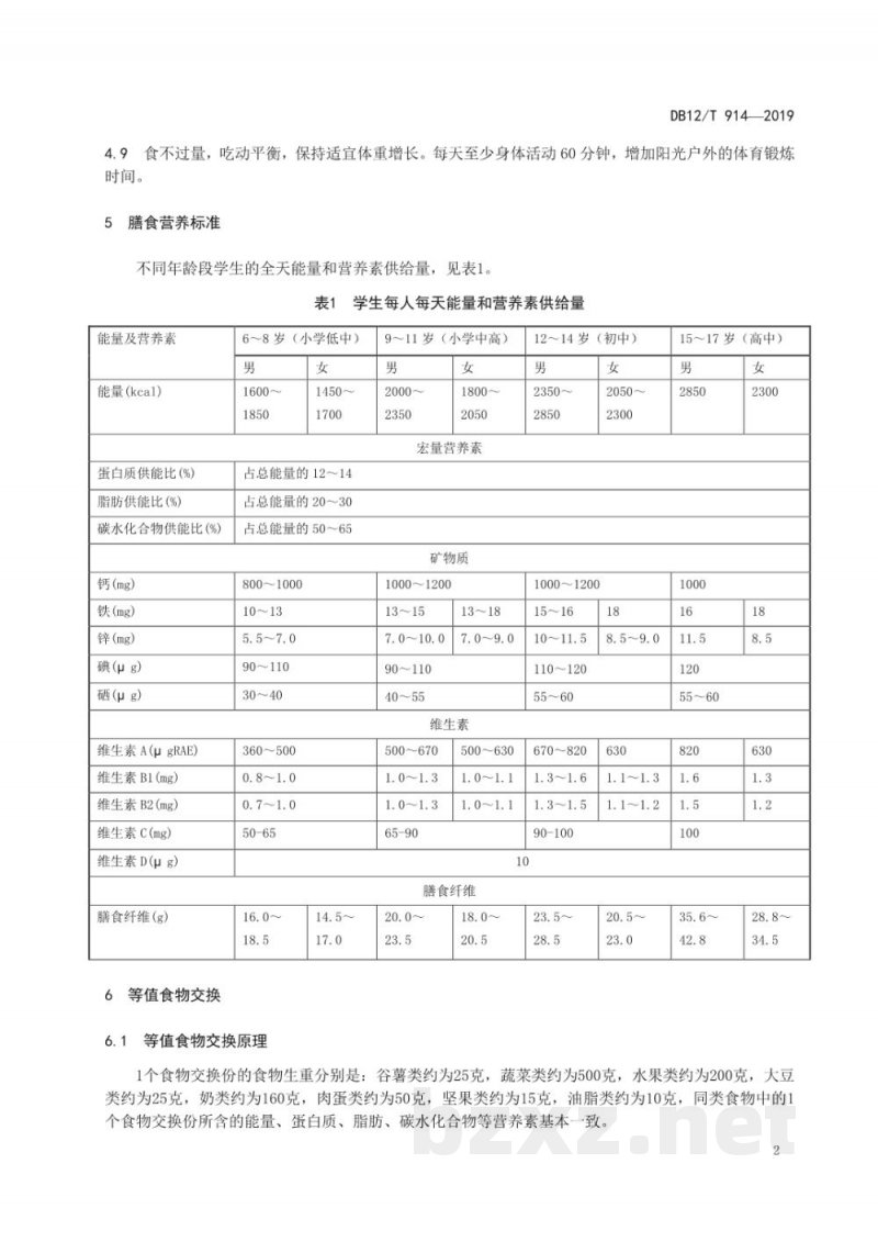 DB12/T 914-2019中小学学生餐营养指南