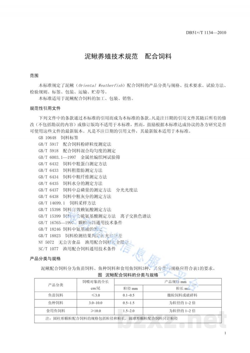 DB51/T 1134-2010泥鳅养殖技术规范 配合饲料