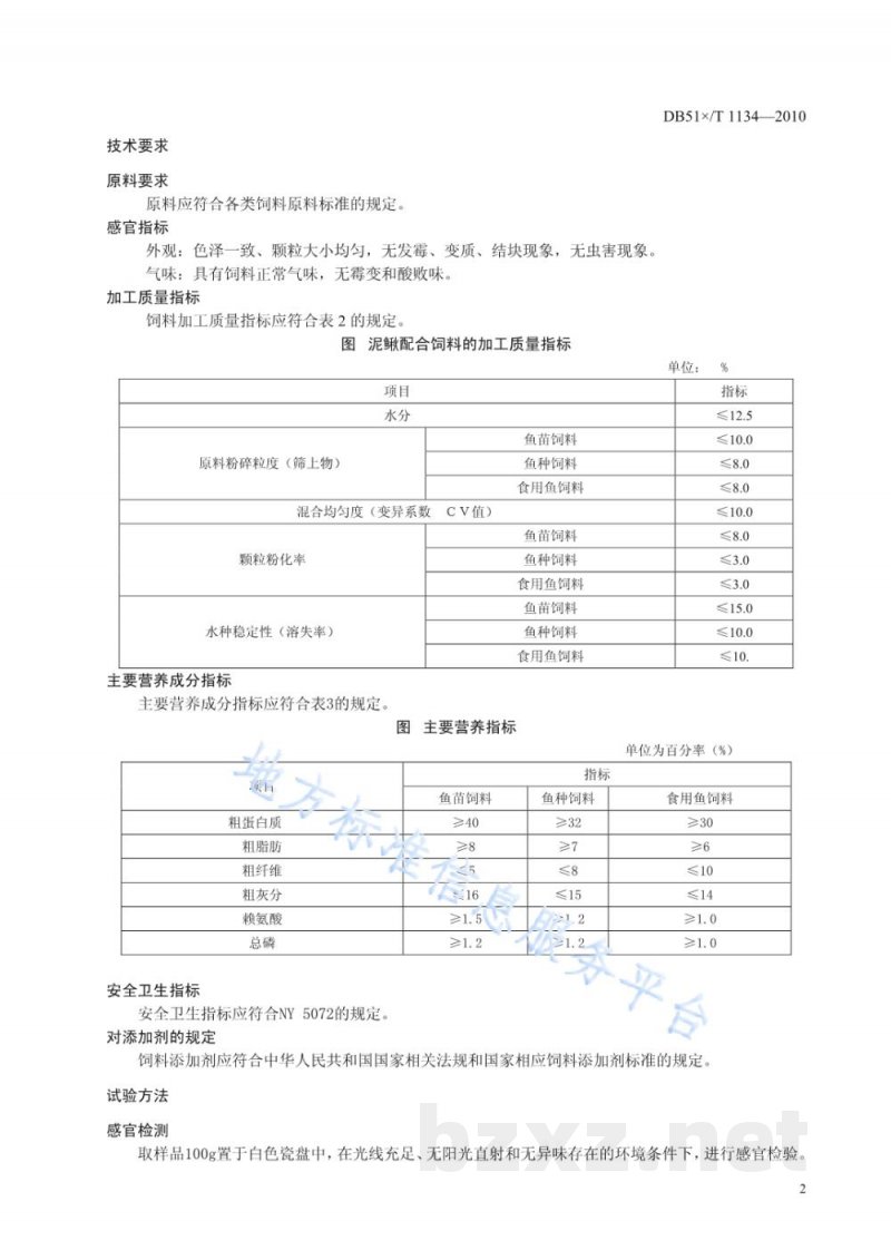 DB51/T 1134-2010泥鳅养殖技术规范 配合饲料