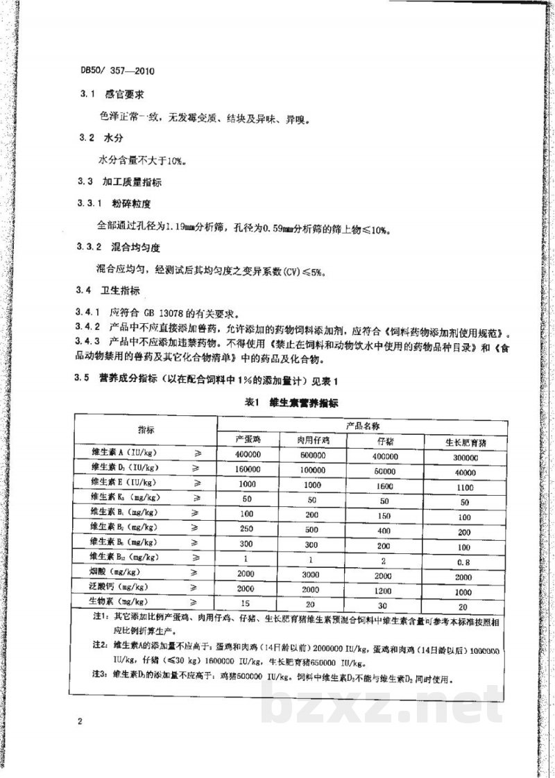 DB50/ 357-2010产蛋鸡、肉用仔鸡、仔猪、生长肥育猪维生素预混合饲料