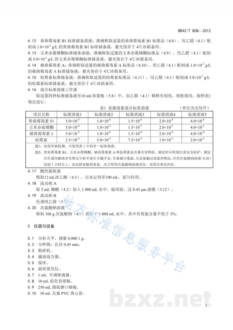 DB42/T 808-2012饲料中黄曲霉毒素B1、玉米赤霉烯酮、赭曲毒霉素A和桔毒素的测定 高效液相色谱法