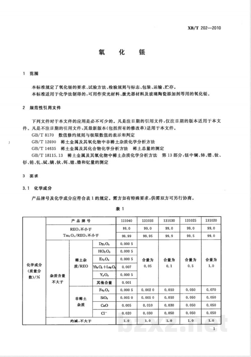 XB/T 202-2010氧化铥 