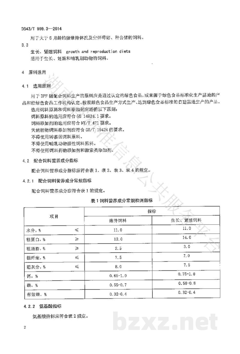 DB43/T 959.3-2014异种移植用无指定病原体（Designated Pathogen Free,DPF）医用供体猪 第3部分：配合饲料