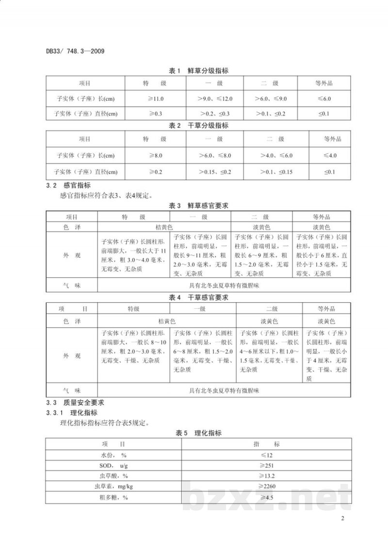 DB33/ 748.3-2009北冬虫夏草栽培技术规程 第3部分:质量安全要求