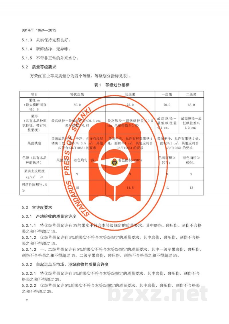 DB14/T 1069-2015万荣红富士苹果
