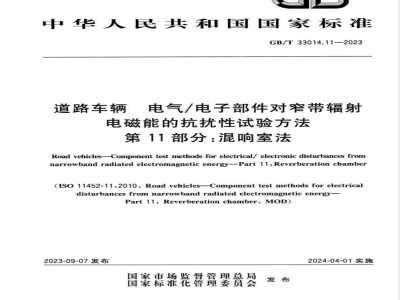 GB/T 33014.11-2023道路车辆 电气/电子部件对窄带辐射电磁能的抗扰性试验方法 第11部分：混响室法 