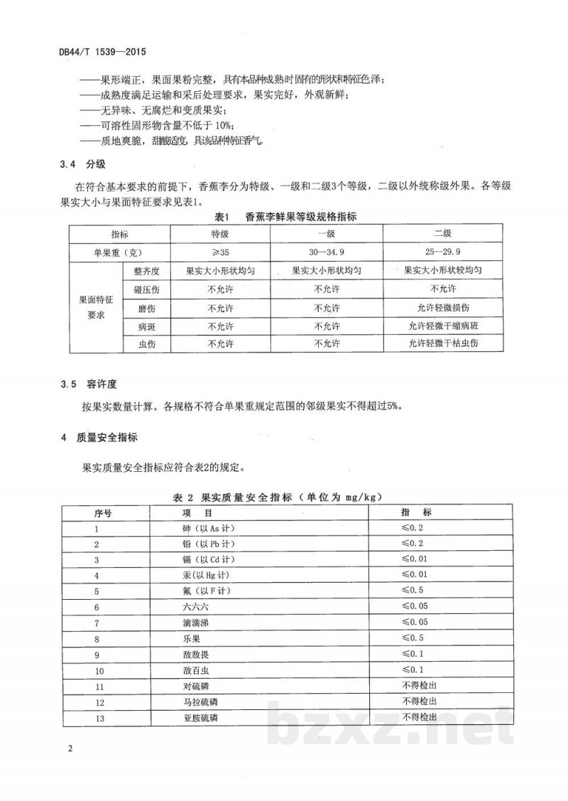 DB44/T 1539-2015绿色食品 香蕉李鲜果