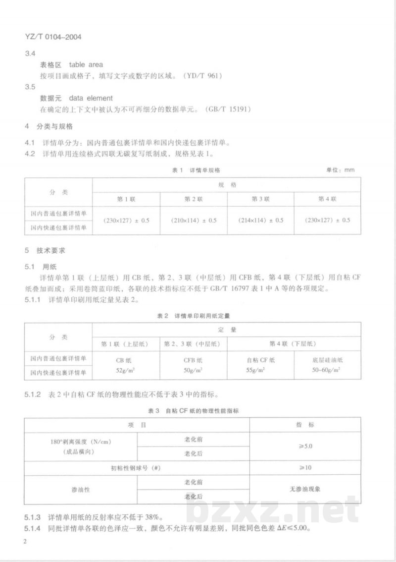 YZ/T 0104-2004 国内邮政包裹详情单