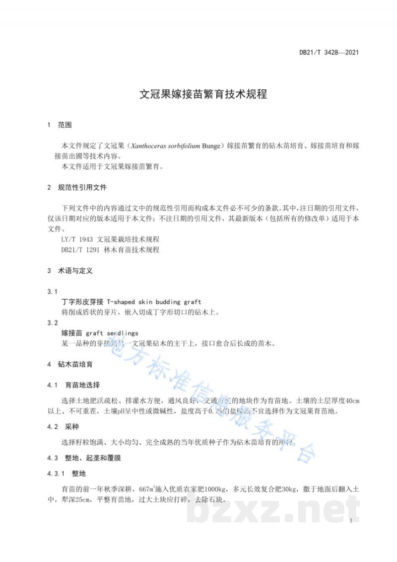 DB21/T 3428-2021文冠果嫁接苗繁育技术规程