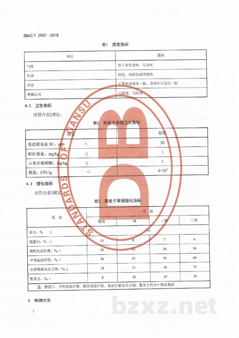 DB62/T 2957-2018燕麦干草捆质量