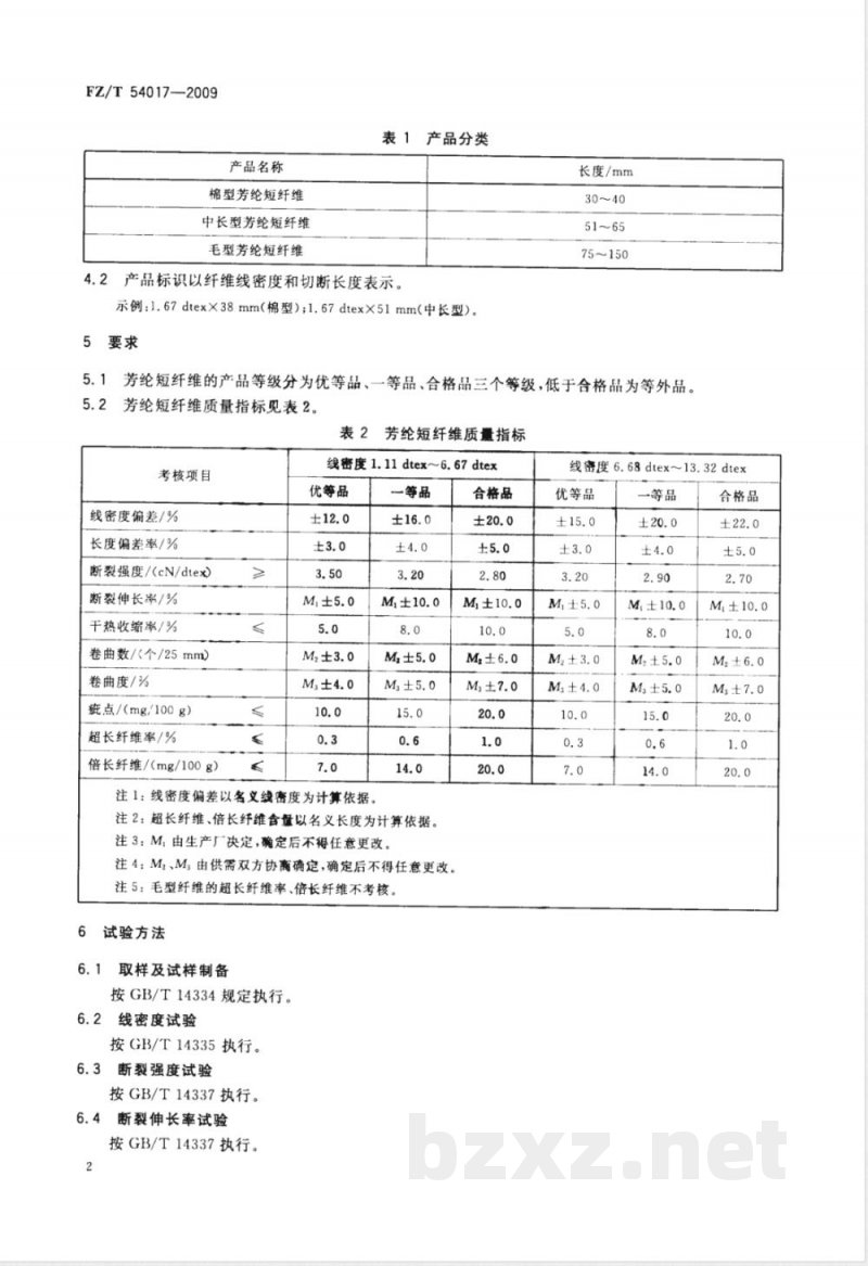 FZ/T 54017-2009 间位芳纶短纤维